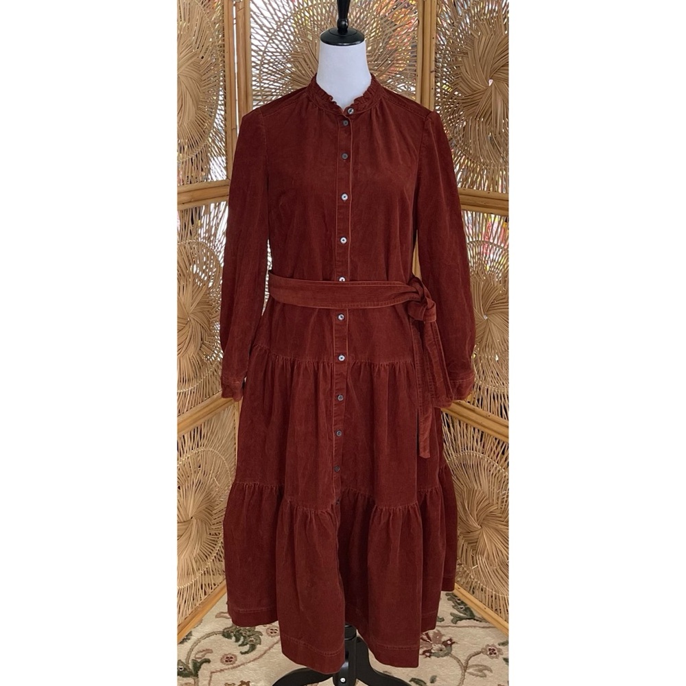 Boden Brown Corduroy Tiered Long Sleeve Midi Dress With Tie Size 8